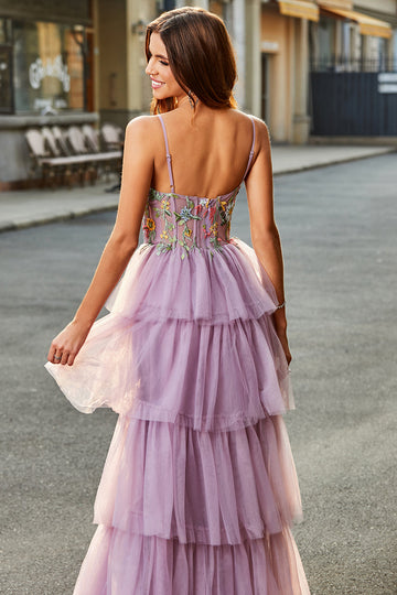 A-Line Tulle Corsetto lungo a più livelli Malva Prom Dress con applicazioni